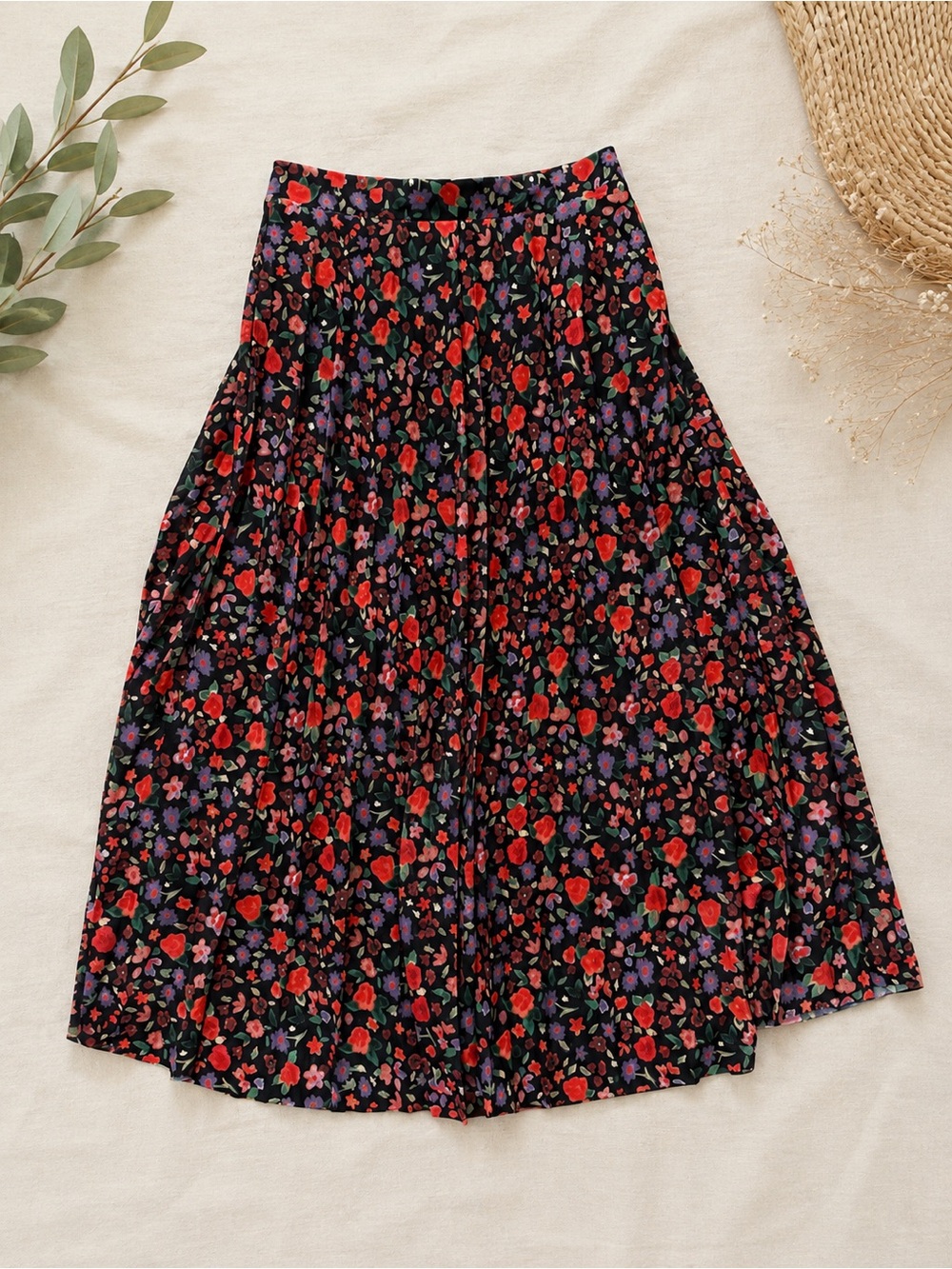 Women's Floral A-Line Midi Skirt - Black with Red & Purple Flowers